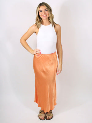 orange silky midi skirt 