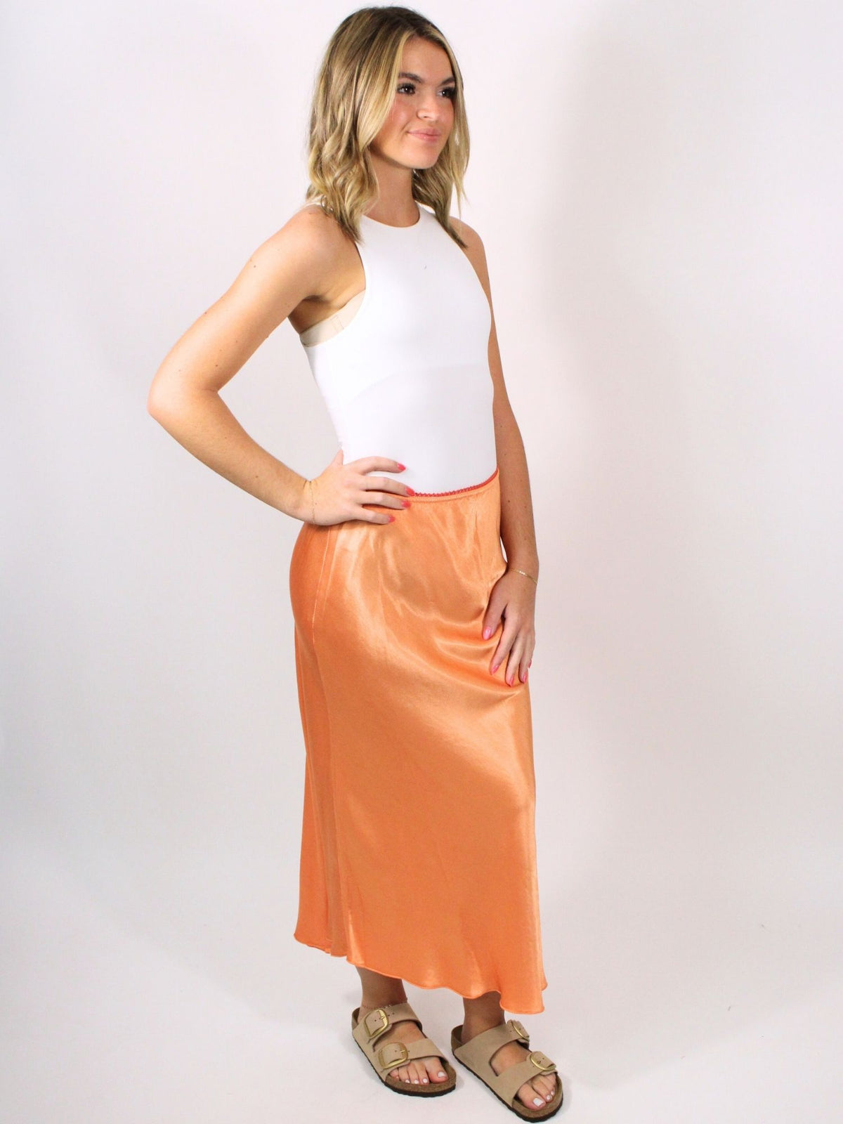 orange silky midi skirt 