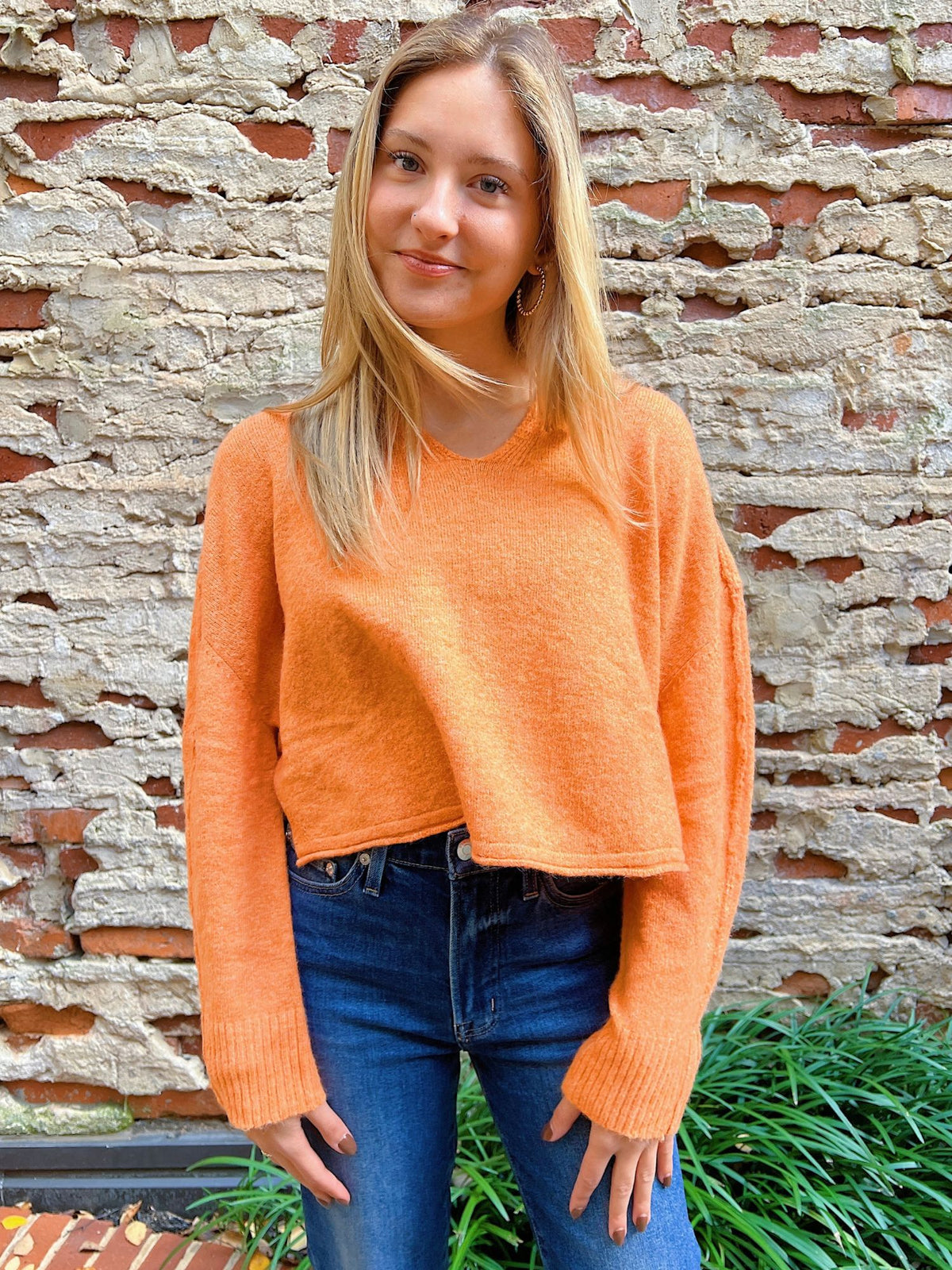 Orange V-Neck Crop Sweater
