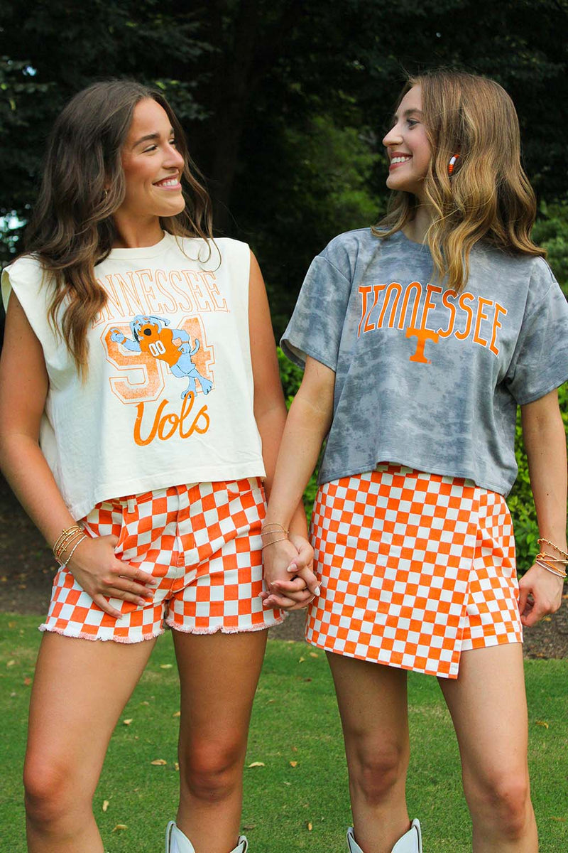 Tennessee Vols Game Day Orange & White Checkered Fray Hem Shorts