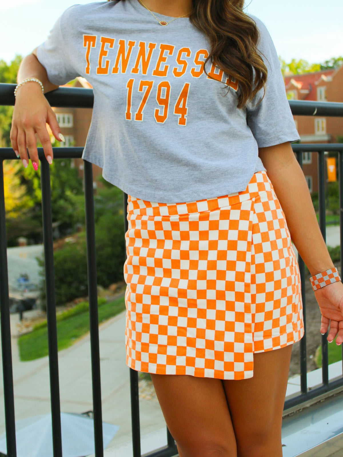 Checkerboard Wrap Mini Skort orange and white