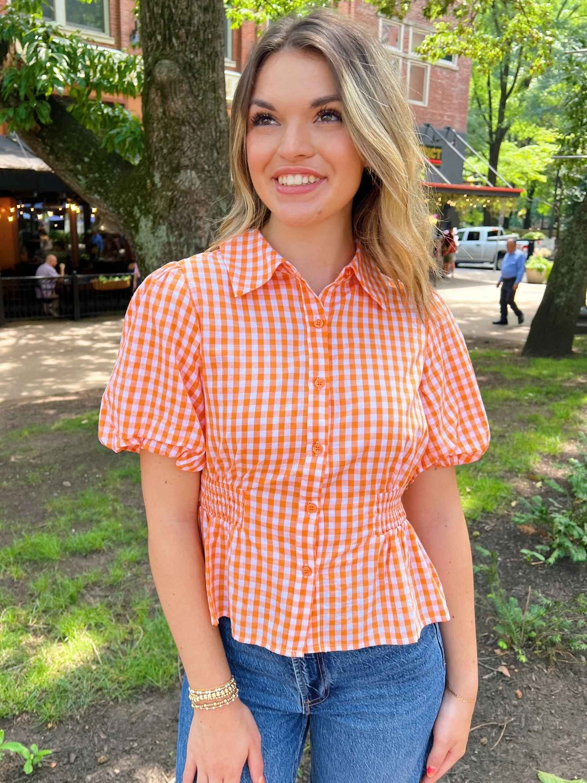 Orange White Gingham Gameday Balloon Sleeve Top
