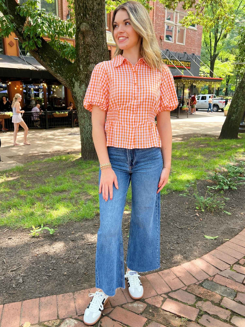 Orange White Gingham Gameday Balloon Sleeve Top