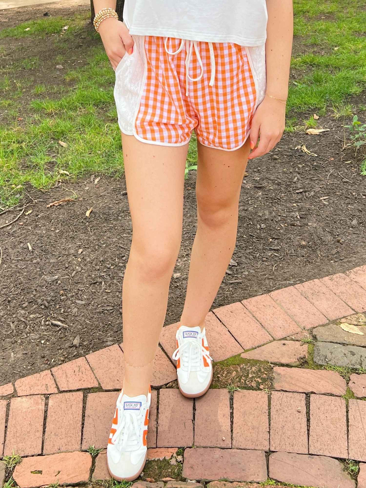 Orange White Gingham Lace Trim Shorts Orange