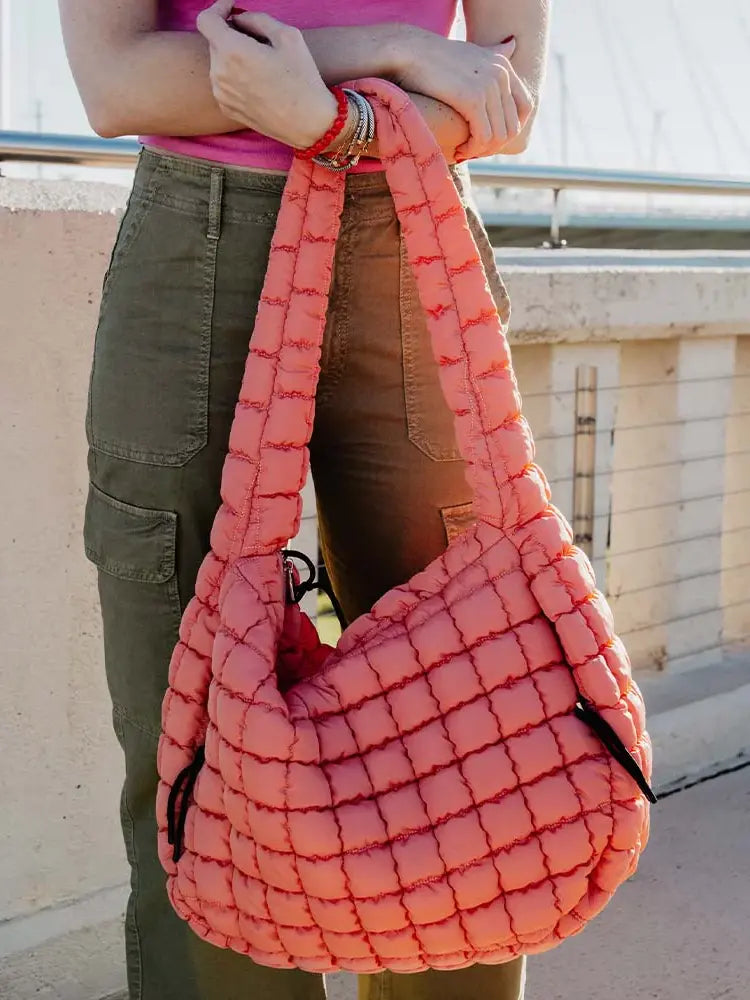 kaytdid free people dupe oversized quilted puffer hobo tote bag in coral