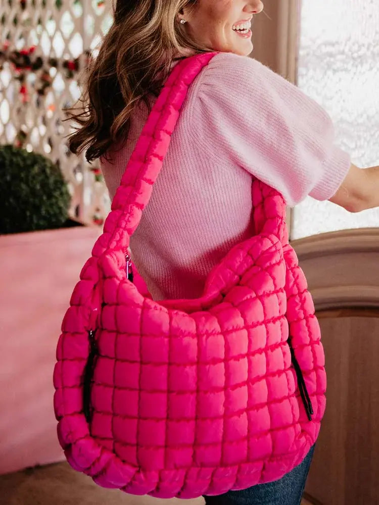 katydid free people dupe oversized quilted puffer hobo tote bag in hot pink