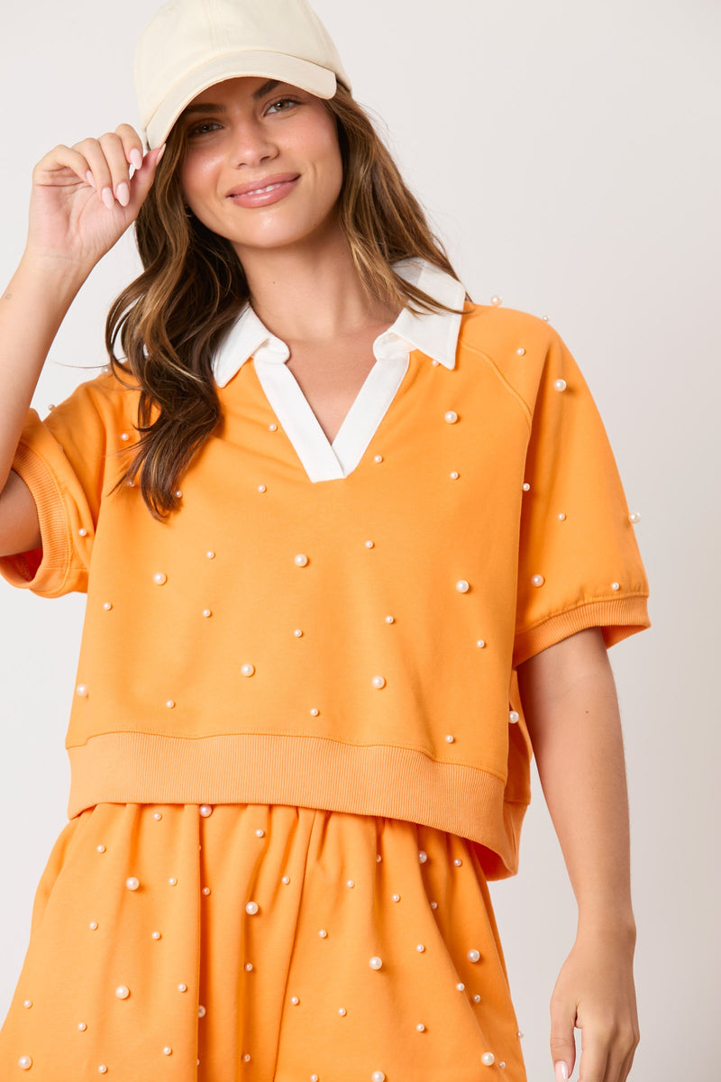 pearl embellished collard top in tennessee orange with white contrast collar-front