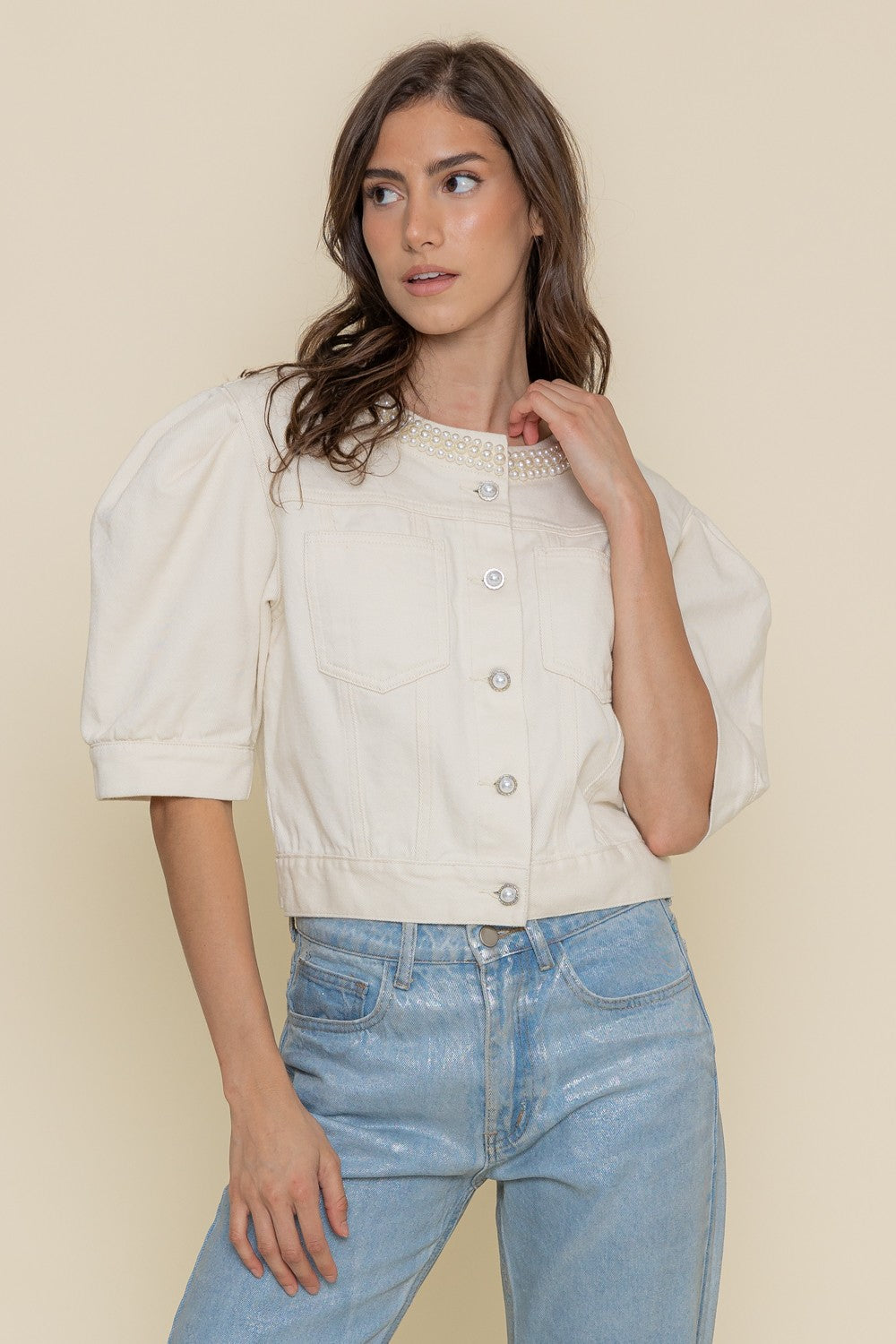 Pearl Neck Puff Sleeve Denim Top