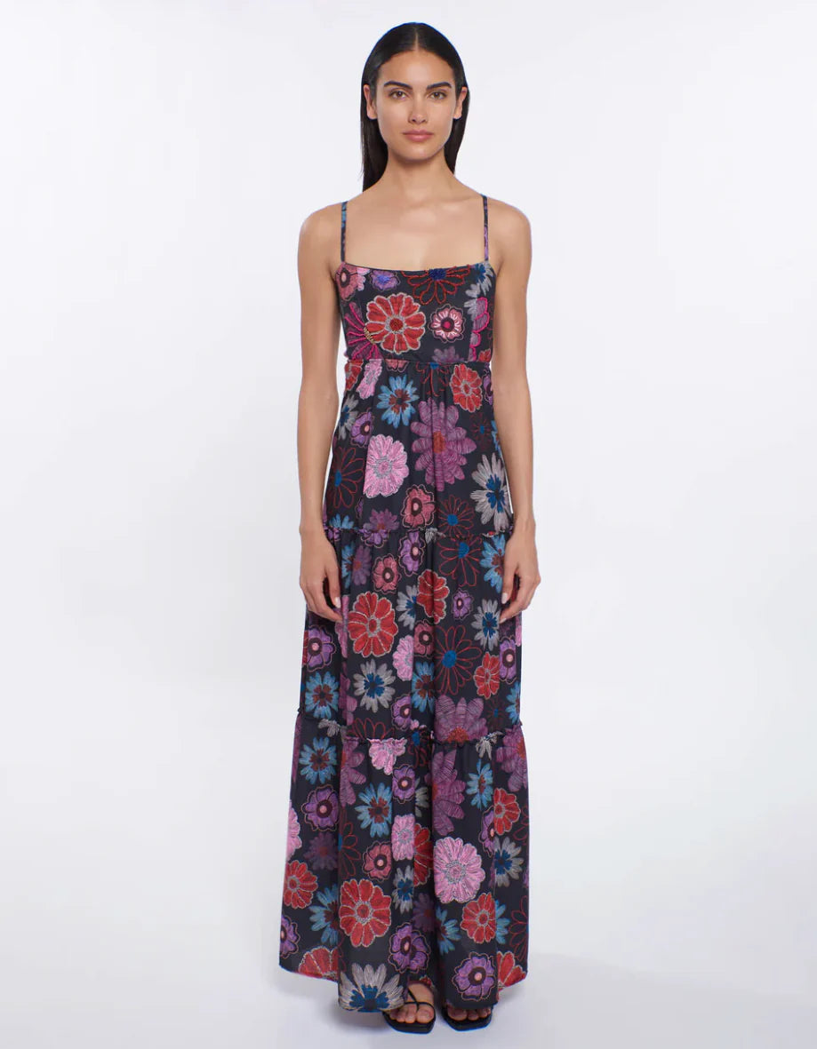 Peixoto Lori Print Embroidered Maxi Dress in black botanical-front