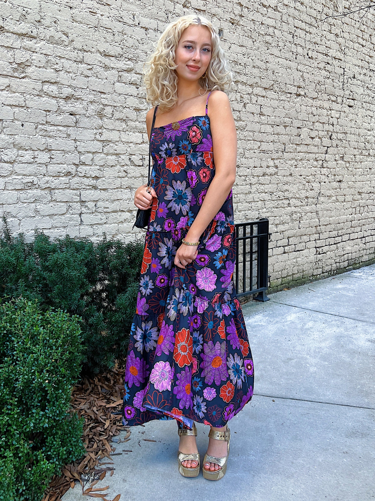 Peixoto Lori Print Embroidered Maxi Dress in black botanical front model