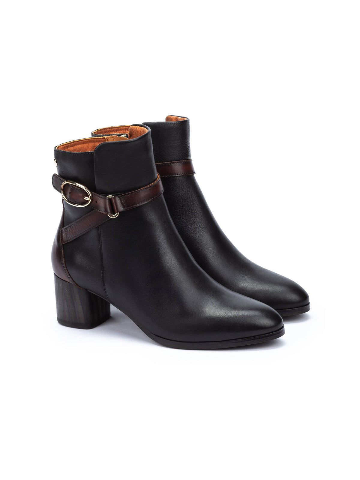 pikolinos calafat heeled ankle boots in black with brown buckle