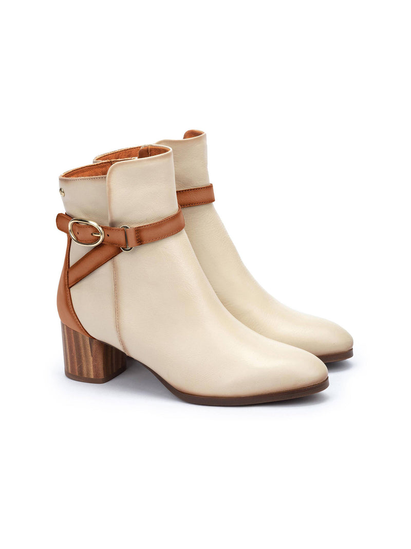 pikolinos calafat heeled ankle boots in marfil cream with light tan buckle