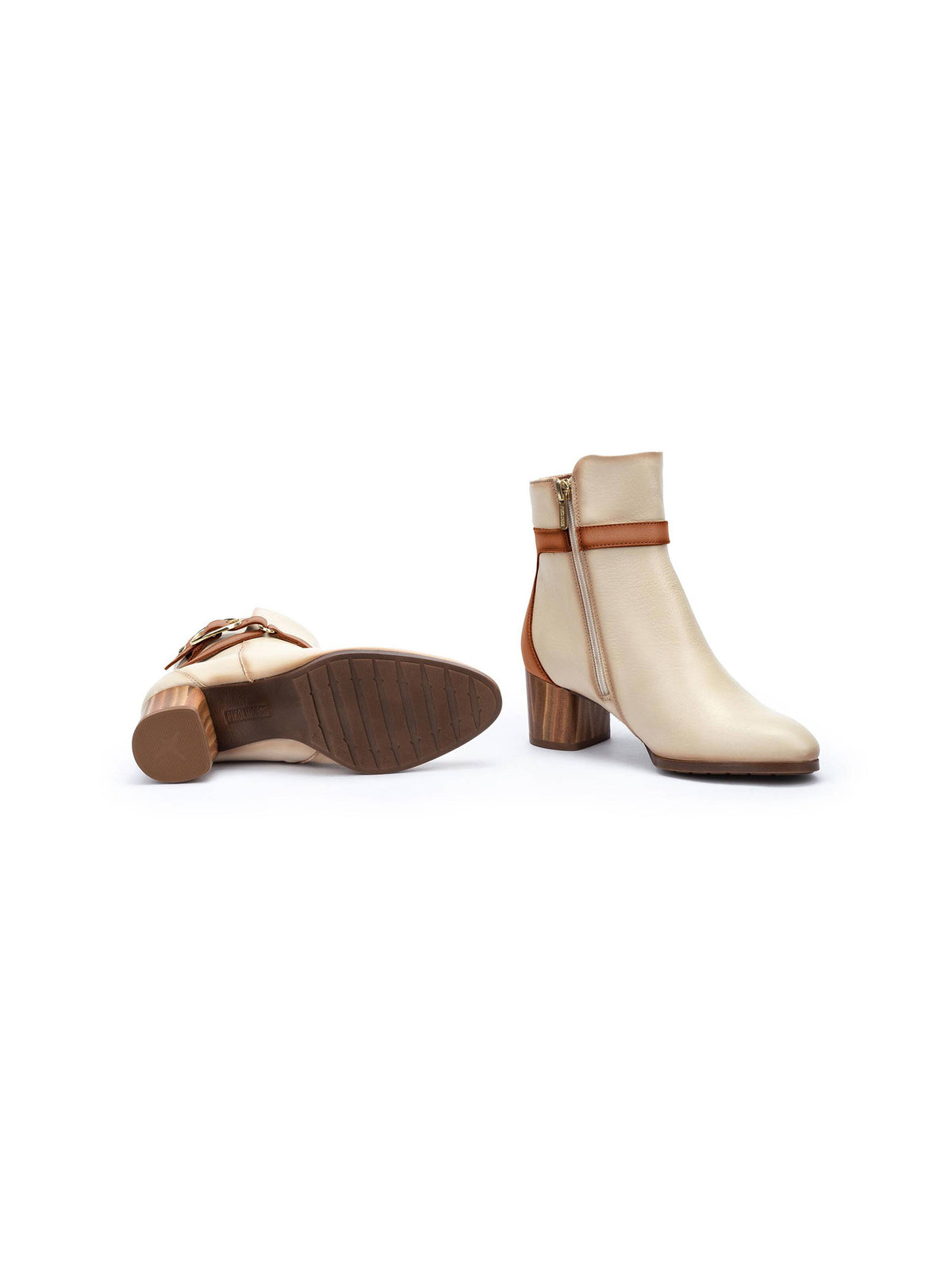 pikolinos calafat heeled ankle boots in marfil cream with light tan buckle