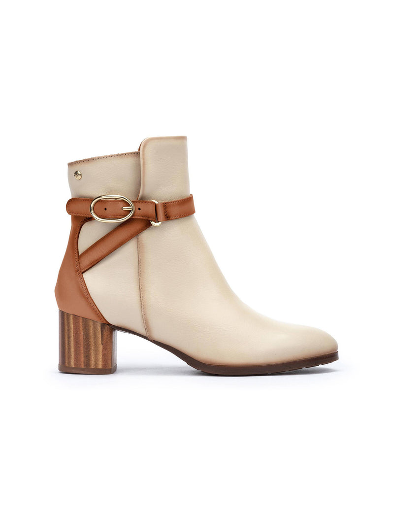 pikolinos calafat heeled ankle boots in marfil cream with light tan buckle