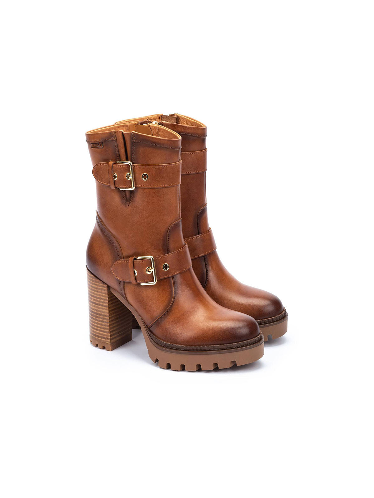 Pikolinos Cervera Buckle Heel Tall Ankle Boot in Brandy Leather