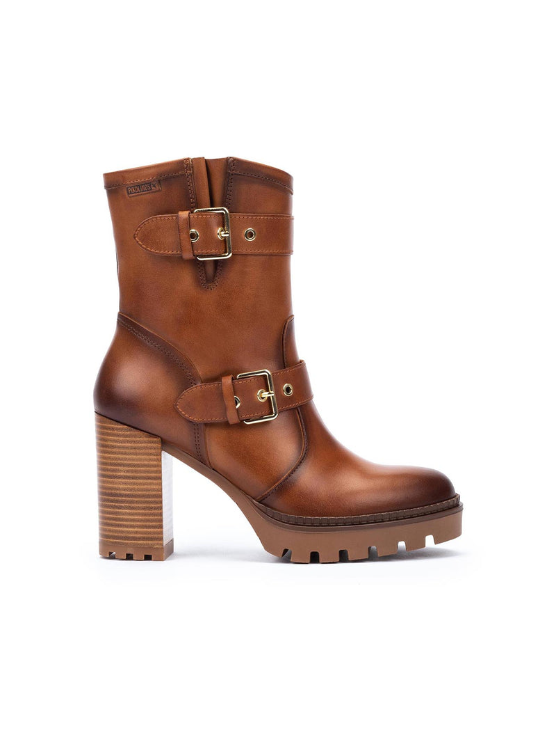 Pikolinos Cervera Buckle Heel Tall Ankle Boot in Brandy Leather