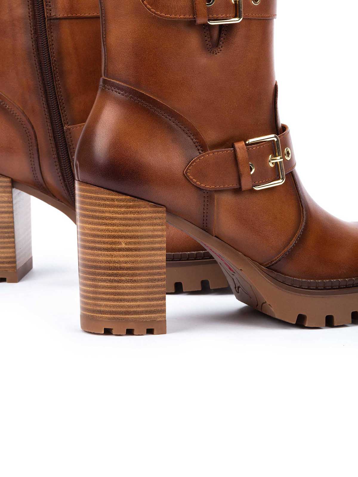 Pikolinos Cervera Buckle Heel Tall Ankle Boot in Brandy Leather