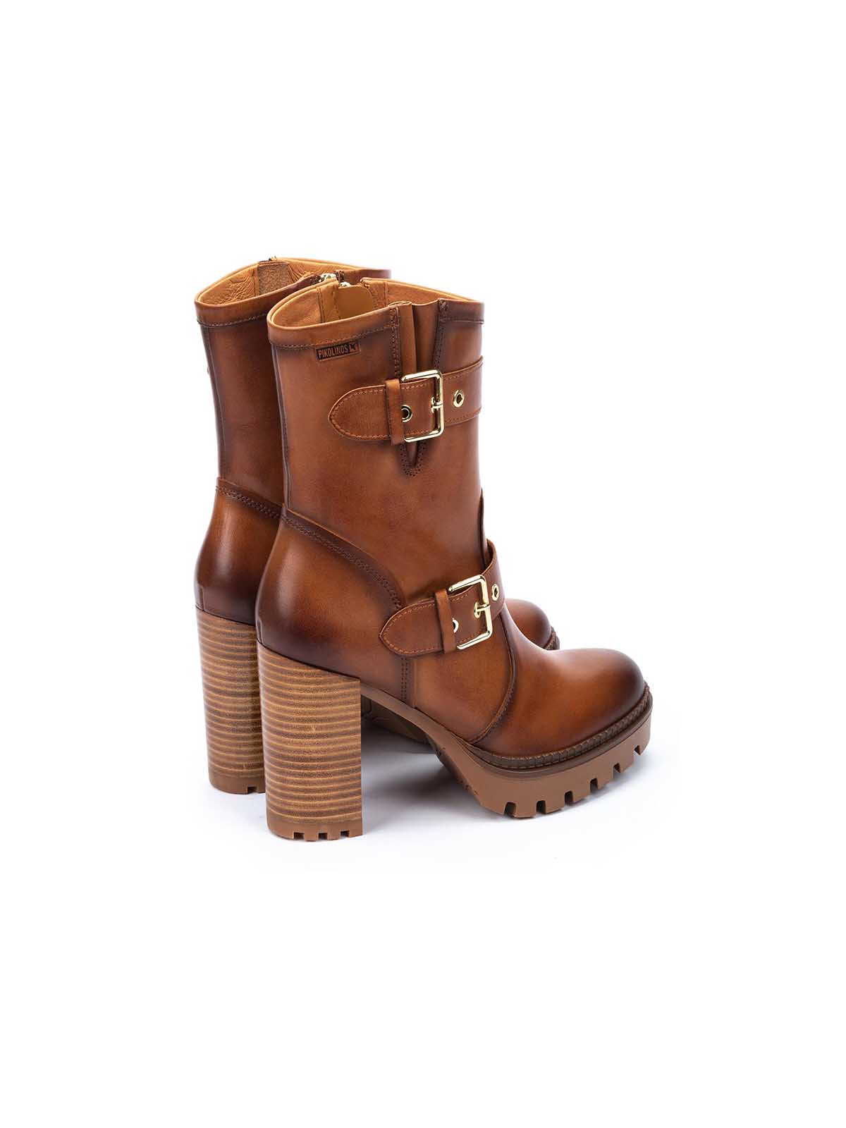 Pikolinos Cervera Buckle Heel Tall Ankle Boot in Brandy Leather