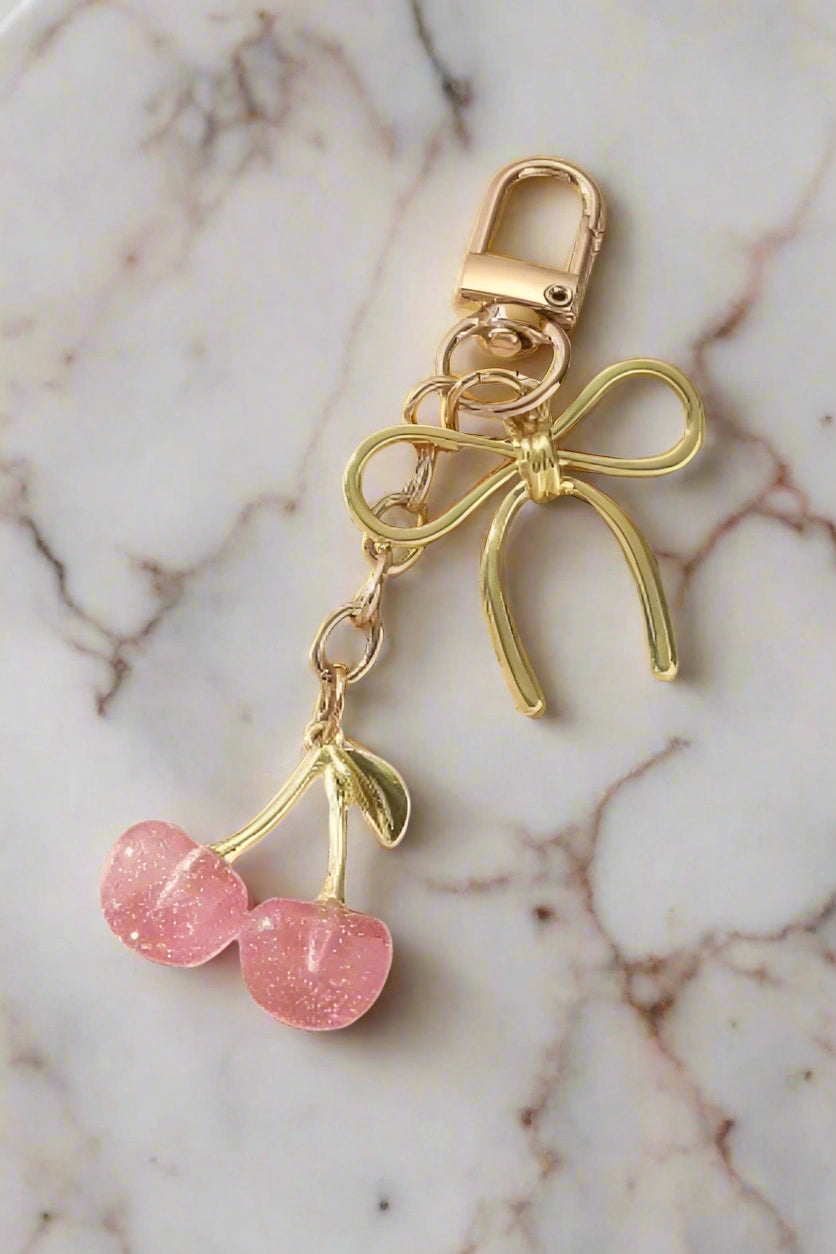 pink cherry gold bow bag charm keychain