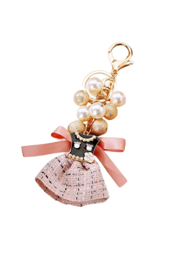 bag charm pink dress with bow faux pearls gold beads keychain