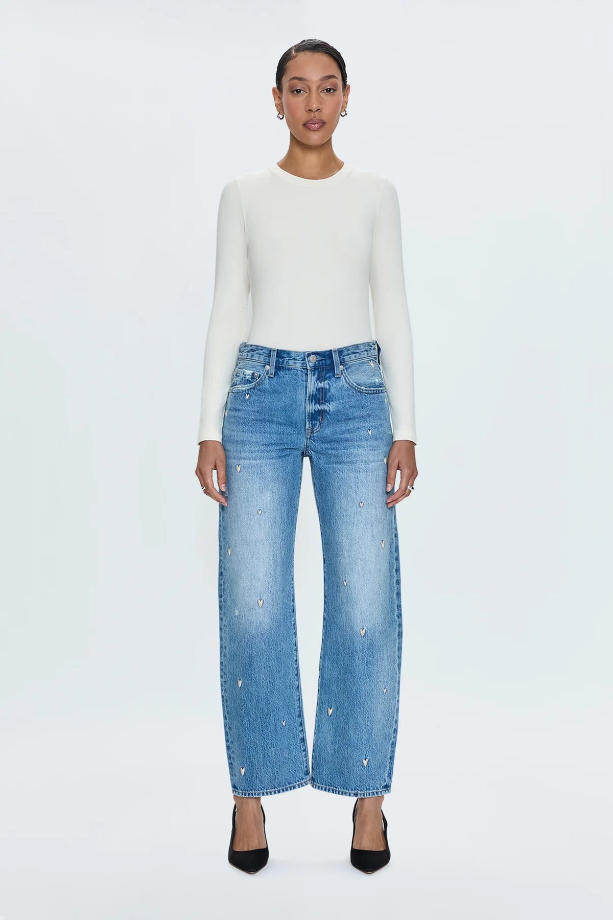 Pistola Lexi Mid-Rise Bowed Straight Leg Jean in Confetti Vintage with Heart Embroidery