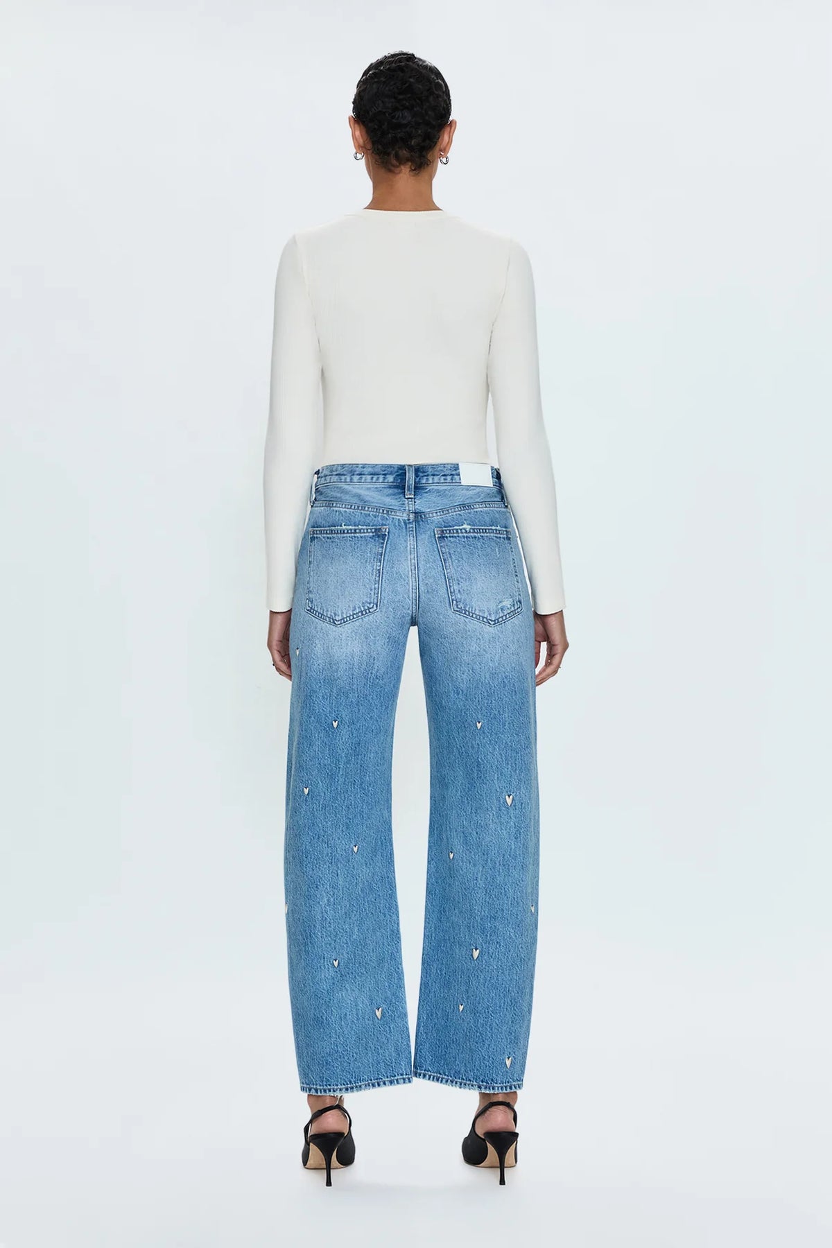 Pistola Lexi Mid-Rise Bowed Straight Leg Jean in Confetti Vintage with Heart Embroidery