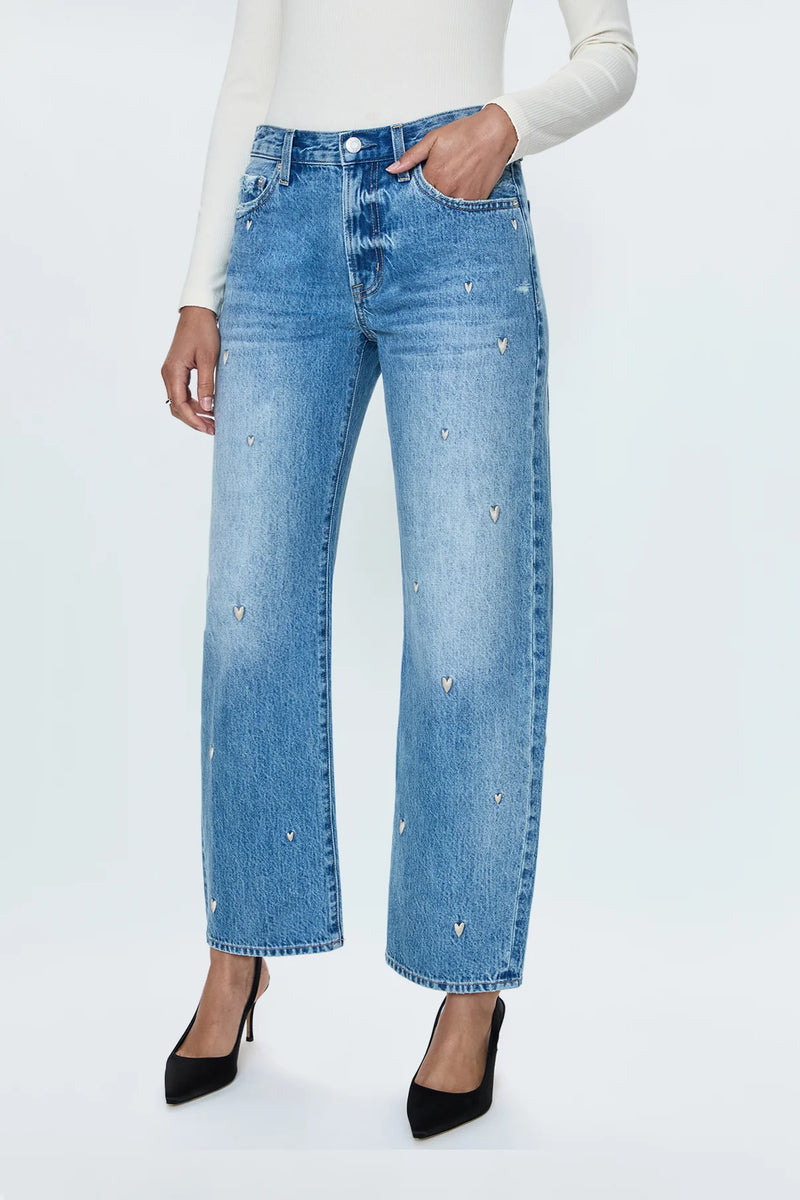 Pistola Lexi Mid-Rise Bowed Straight Leg Jean in Confetti Vintage with Heart Embroidery