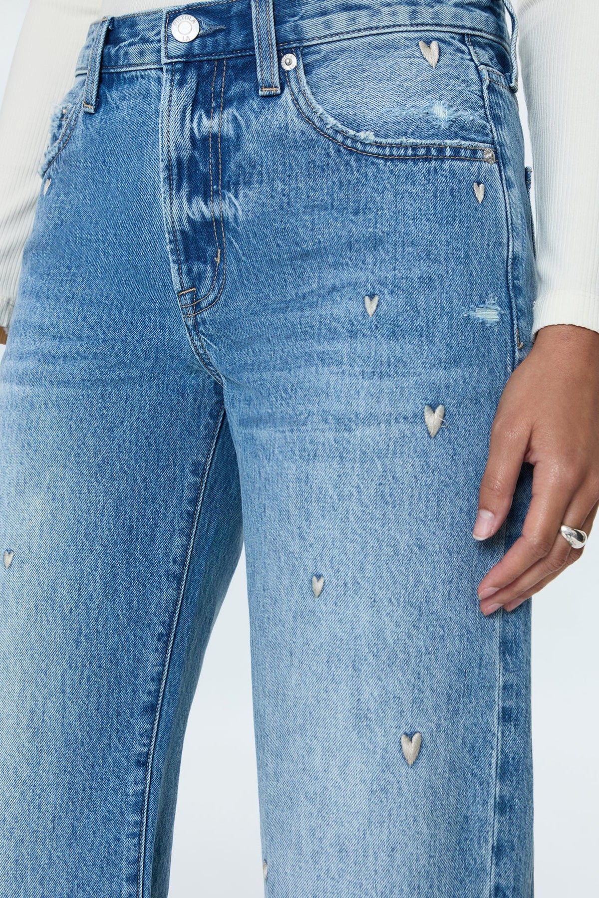 Pistola Lexi Mid-Rise Bowed Straight Leg Jean in Confetti Vintage with Heart Embroidery