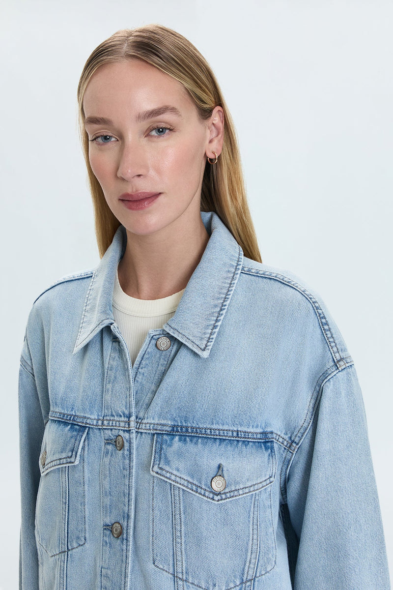 Pistola Rowan Boyfriend Trucker Jacket in Chateau wash-front detail