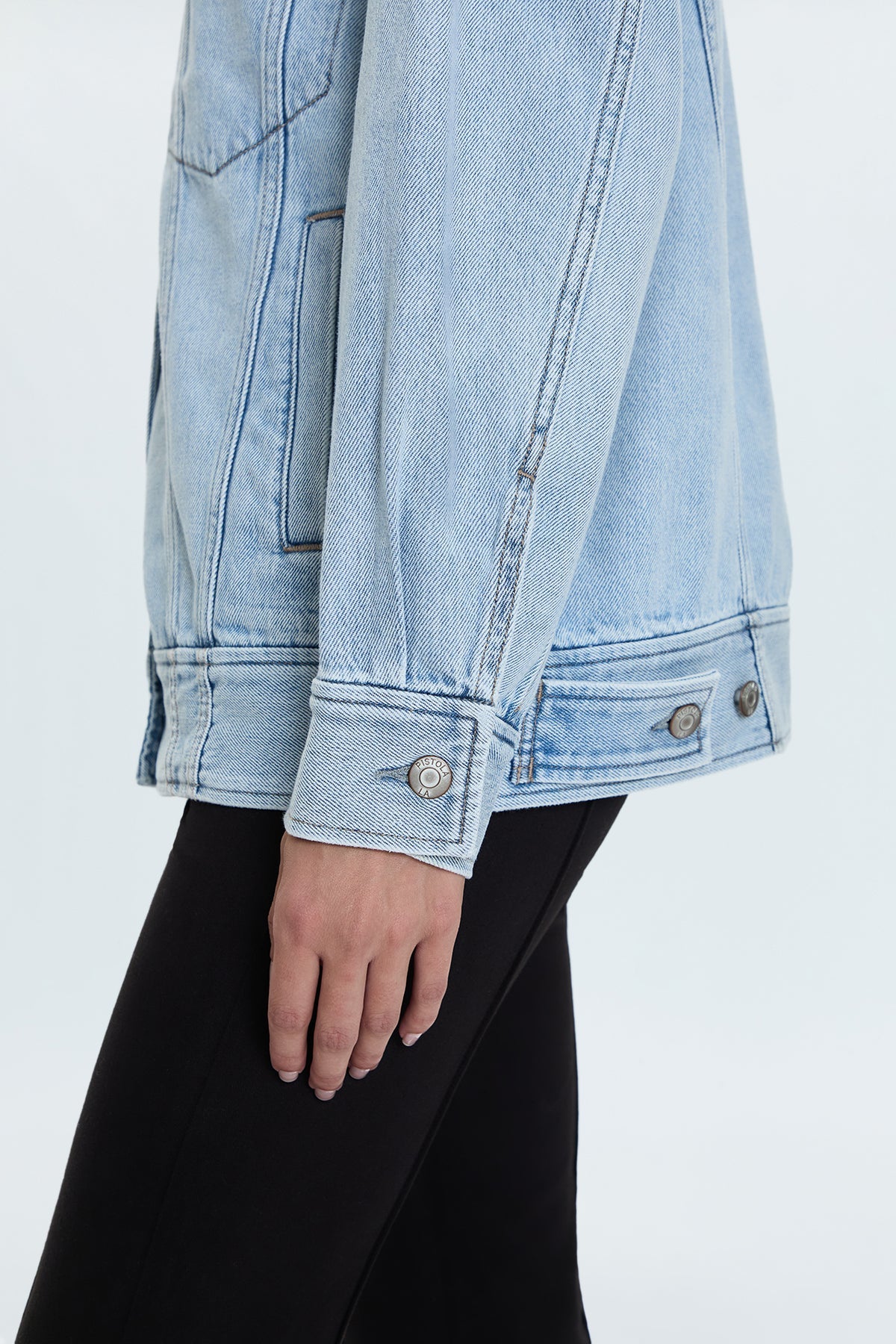 Pistola Rowan Boyfriend Trucker Jacket in Chateau wash-side detail