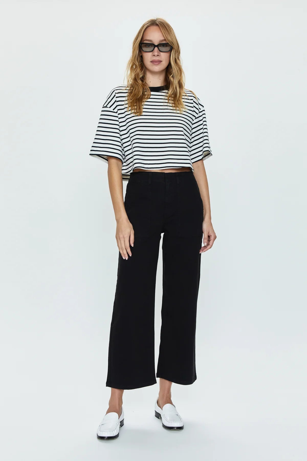 pistola sophia wide leg crop utility pants in black-on model