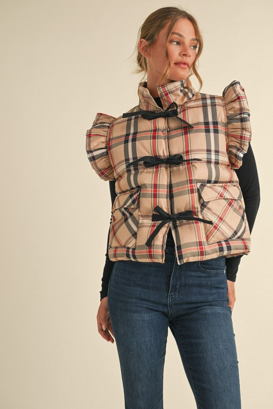 Plaid Bow Ties Puffer Vest