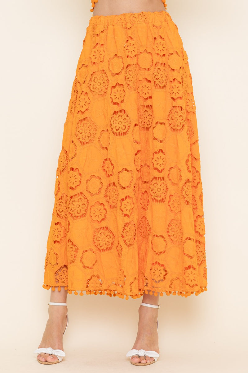 Pom Pom Embroidered  Maxi Skirt in orange 