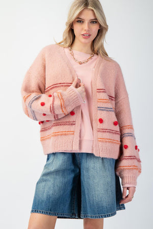 Pom Pom Striped Open Cardigan