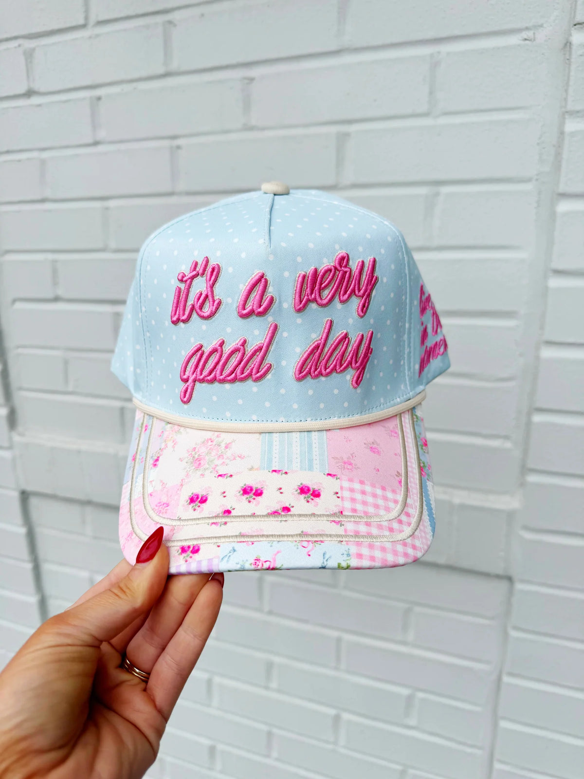 Poppy & Pine It's A Very Good Day Hat Puff Ink Embroidered Patchwork Design