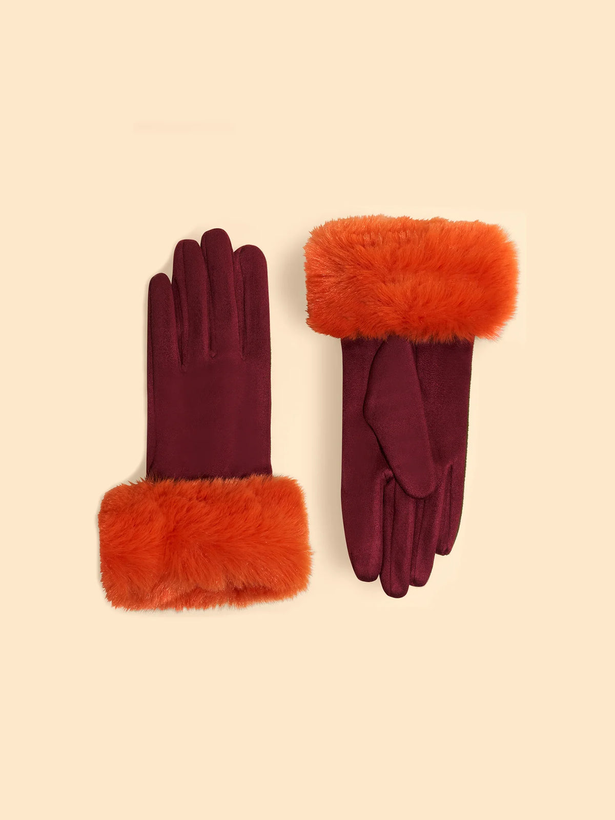 Powder Bettina Burgundy & Tangerine Faux Fur Cuff Suede Gloves
