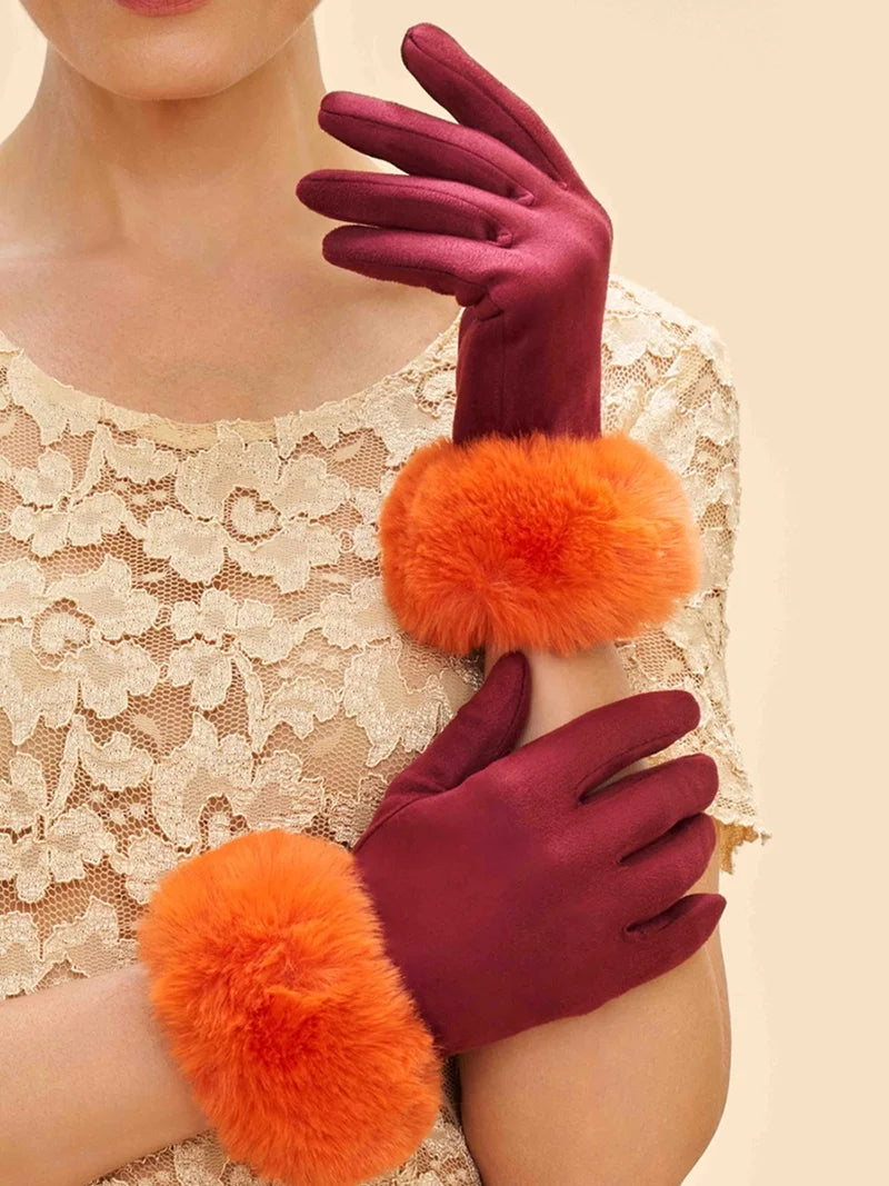 Powder Bettina Burgundy & Tangerine Faux Fur Cuff Suede Gloves