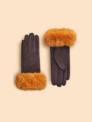 Powder Bettina Chocolate & Mustard Faux Fur Cuff Suede Gloves