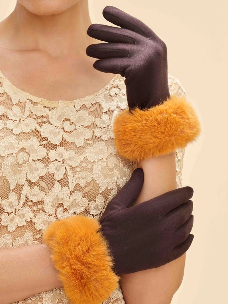 Powder Bettina Chocolate & Mustard Faux Fur Cuff Suede Gloves