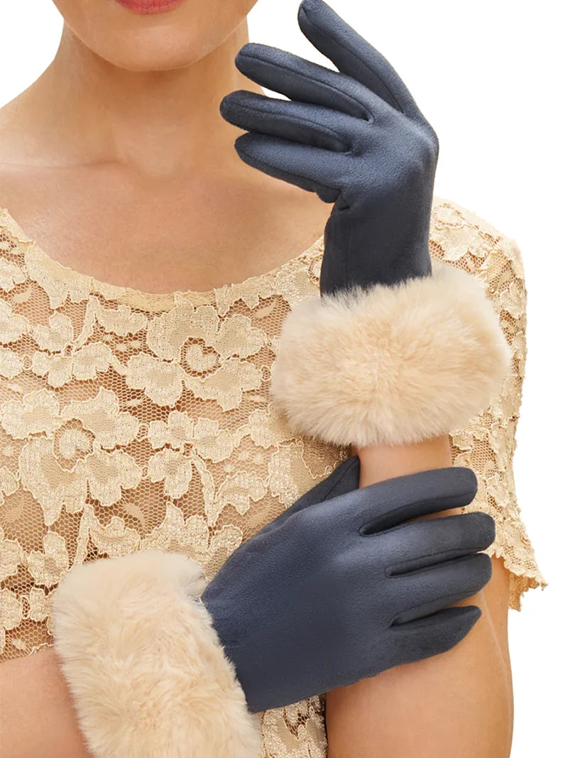 Powder Bettina Navy & Cream Faux Fur Cuff Suede Gloves