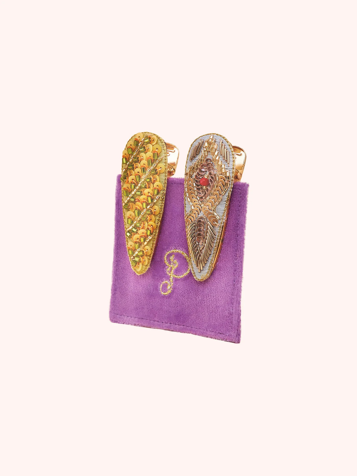 Powder Jeweled Hair Clip Set Feather & Stripe