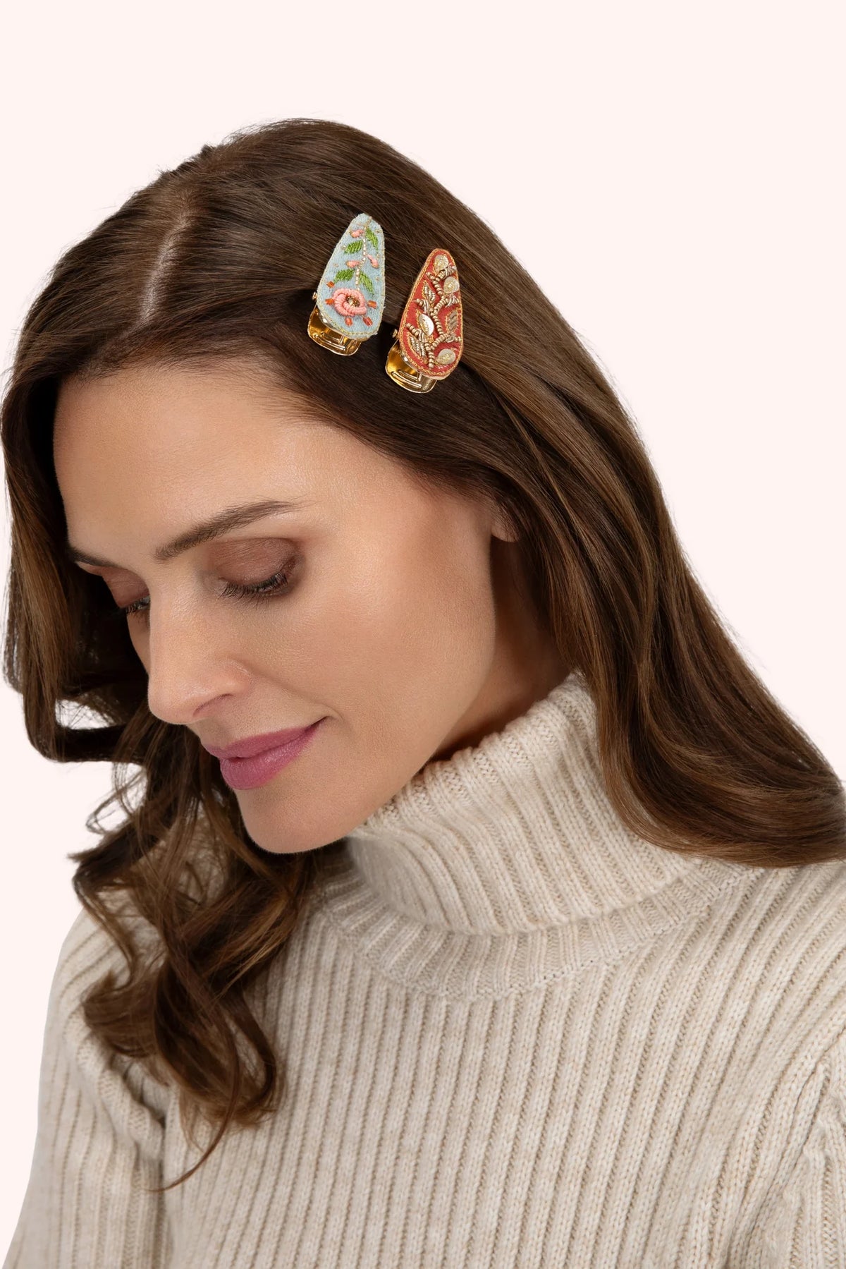 Powder Jeweled Hair Clip Set Ice Flowers & Tangerine Leaves