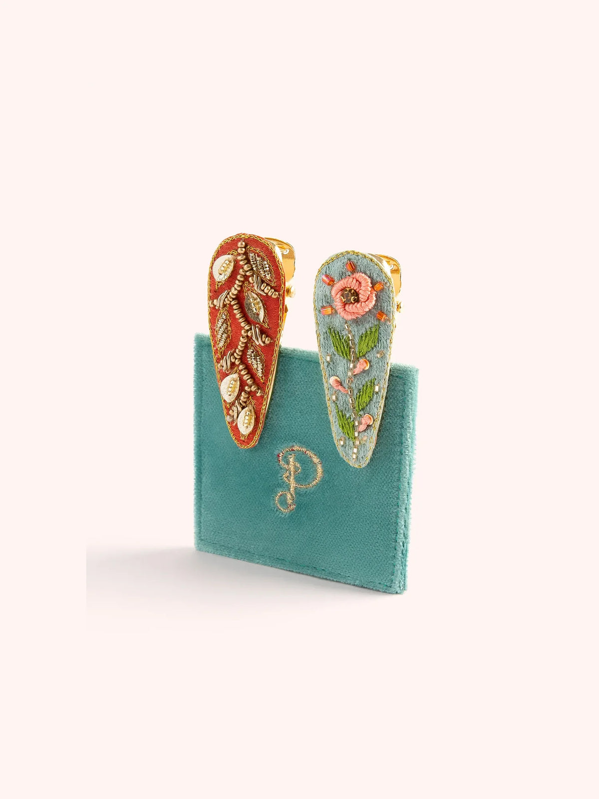 Powder Jeweled Hair Clip Set Ice Flowers & Tangerine Leaves