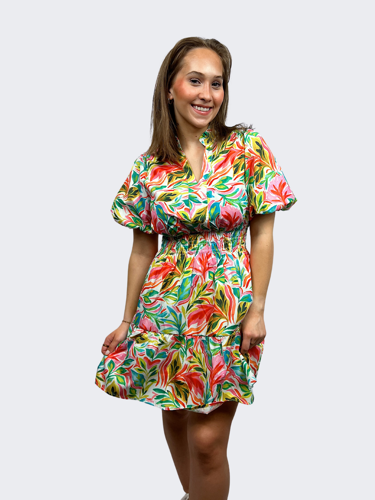 puff sleeve floral print dress with elastic waist band and v neck front view