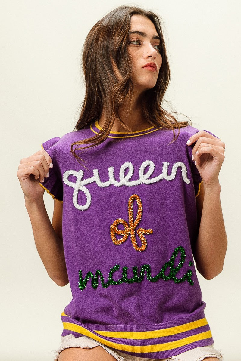 Queen of Mardi Gras sweater top in purple