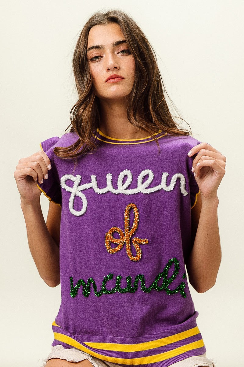 Queen of Mardi Gras sweater top in purple