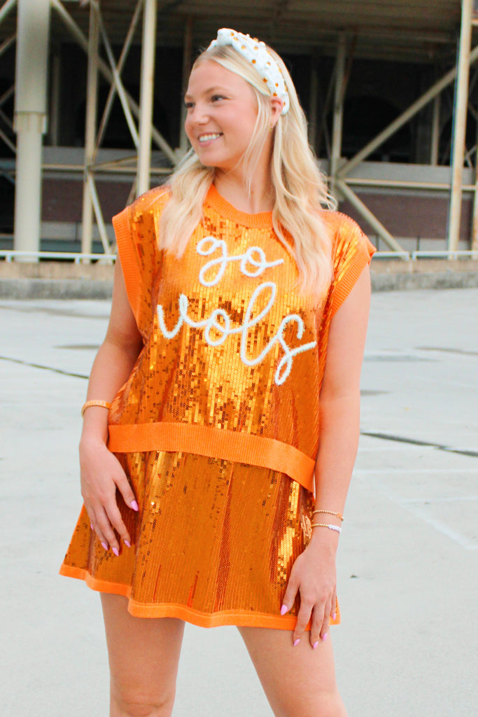 queen of sparkles full sequin mini skirt in orange-front