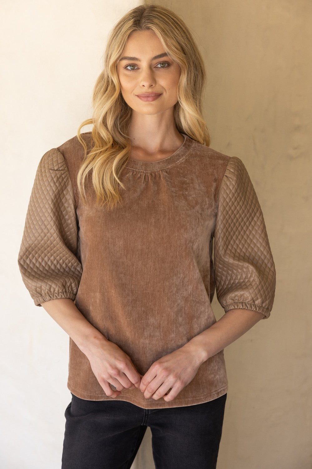 Quilted Faux Leather Sleeved Velvet Top in camel-front