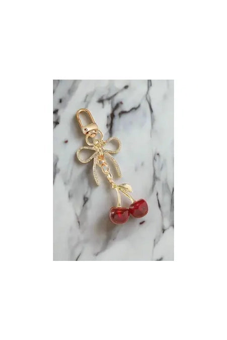 bag charm red cherry gold bow rhinestones keychain