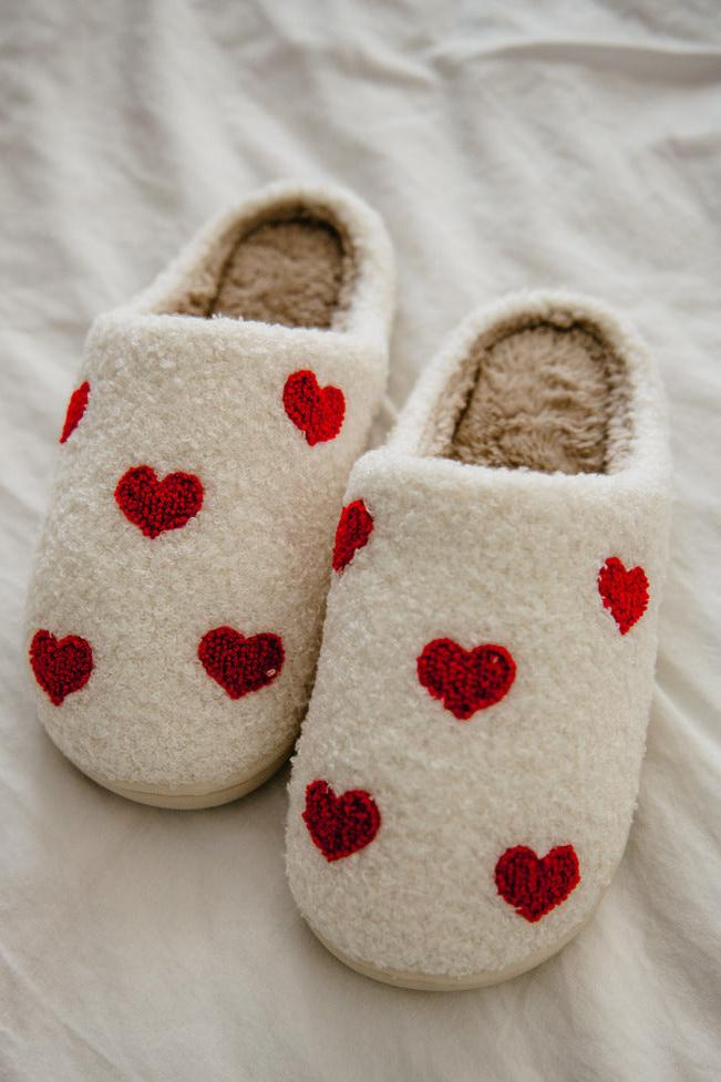 Red Hearts Fuzzy Slippers Valentine's Day